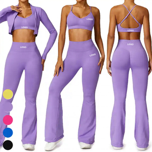 <b>Women</b> High Waist Flared Leg <b>Yoga</b> Set Solid Color Breathable Seamless 2 Piece Sportswear Top And <b>Pants</b> - Product Image 2