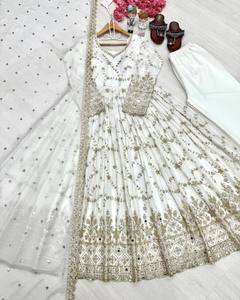 New Designer Women Solid Heavy Chinon Silk Gown Dupatta with Embroidery 5mm Sequencing Sleeve Mirror Work Party Daily Wear - Product Image 1