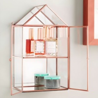 Mini armoire murale moderne de luxe à double niveau avec cadre métallique et vitrine en verre, boîte à bijoux, organisateur de parfums et de maquillage, décoratif or/rose