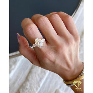 <b>Oval</b> Cut <b>Moissanite</b> Three Stone <b>Ring</b> With Pear Side Stones Yellow Gold <b>Engagement</b> Wedding Jewelry For Women Luxury Gift - Product Image 2