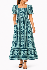 Vestido Mumu Micronésico Personalizado, Vestido Maxi con Estampado Tribal Polinesio Tapa, Mangas Abullonadas, Ropa de Moda Cultural Isleña, OEM - Product Image 5