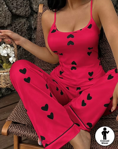 Women Heart Print Spaghetti Strap 2-Piece Pajama Set Soft Knitted Sleepwear Elastic Waist Full Length Casual Summer Loungewear - Product Image 4