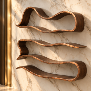 Estante de Pared Escultural de Madera con Diseño Curvo y Detalle de Borde de Cobre |   Estantes Flotantes de Tres Piezas para Exhibición de Arte y Decoración del Hogar - Product Image 2