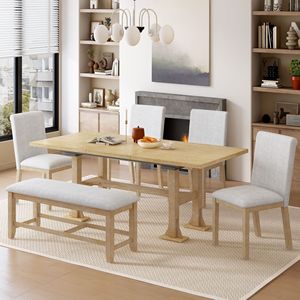 Set Tavolo da Pranzo Allungabile Stile Rustico da 76 Pollici con 6 Sedie, Tavolo da Cucina a Cavalletto con Prolunga Rimovibile da 18 Pollici e Sedie Imbottite - Product Image 1