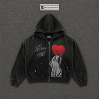 Sweat à capuche zippé noir avec motif 'Love', effet délavé vintage, style streetwear, coupe oversize, imprimé cœur rouge, unisexe, mode urbaine décontractée