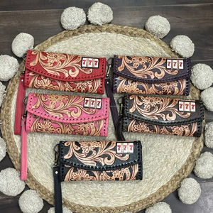 New Arrival 2026 Clutch with Hand Tooled Floral Tooling & 777 Machine Slot Cowhide Leather Clutch Luxury Design <b>Wristlet</b> Purses - Product Image 4