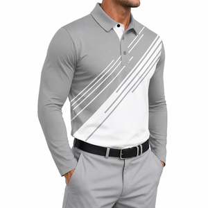 Unisex Gray Three <b>Quarter</b> Sleeve Zipper Closure Lightweight Polo Shirt <b>White</b> Diagonal Stripes Breathable Knitted Golf - Product Image 3