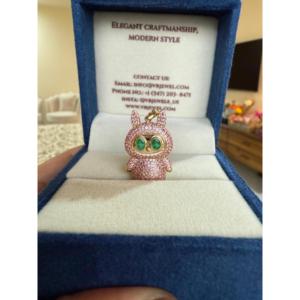 14K <b>Solid</b> <b>Gold</b> Labubu Charm <b>Pendant</b> with Pink Sapphire and Emeralds - Product Image 1