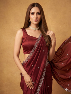 Sari en crêpe de soie marron avec bordure brodée et chemisier pour femme, tenue de mariage traditionnelle, longueur au sol, coupe classique, réversible - Product Image 4