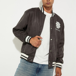 Men <b>Suede</b> Varsity <b>Jacket</b> Embroidered Letter Logo Preppy Style Regular Fit Turn-down Collar Single Breasted chenille custom patch - Product Image 2