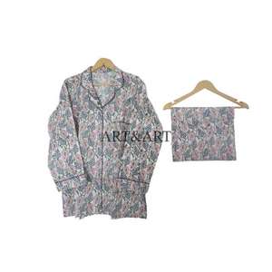 Ensemble de pyjama de luxe 100 % coton, imprimé floral indien fait main, manches longues, pour femme, printemps-été, tenue décontractée de nuit - Product Image 6
