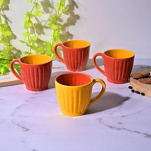 Glossy Ribbed Red and Yellow Ceramic <b>Tea</b> <b>Cup</b> <b>Set</b> of 4 - Product Image 4