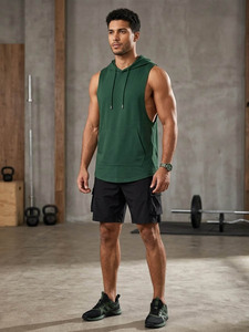เสื้อกล้ามผู้ชายแขนกุดมีฮู้ดถักสีทึบลำลองทรงเข้ารูปสีดำ - Product Image 5