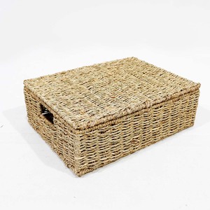 Handwoven Seagrass <b>Storage</b> <b>Basket</b> with Lid <b>Rectangular</b> Natural Woven Organizer for Bathroom Bedroom Kitchen Home Office - Product Image 6