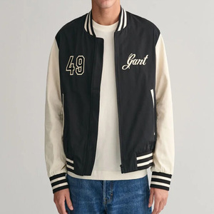 Men's Navy Blue Varsity <b>Jacket</b> With Gold Leather Sleeves Embroidered R Letter Front Preppy Style Autumn Wear - Product Image 3