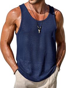 Camiseta sin mangas de punto para hombre, cuello redondo, color sólido, transpirable, informal, azul marino - Product Image 1
