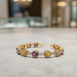 กำไลข้อมือรูปไข่สีเหลืองและสีน้ำเงินประดับด้วยอเมทิสต์ เงินแท้ 925 ชุบทอง 18K สร้อยข้อมือพลอยหรูหรา ขนาด 2.6 เหมาะสำหรับงานปาร์ตี้ - Product Image 1