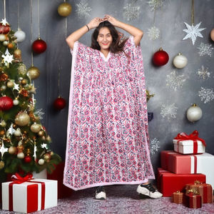 Bollywood Style Floor-Length Sweet <b>Women</b> Summer Floral Block Printed Loose <b>Kaftan</b> Dress Arabian Beach Wear Wholesale - Product Image 2