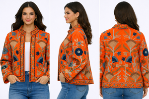 Floral Embroidered Knitted Velvet Cotton Bomber <b>Jacket</b> <b>Mandarin</b> <b>Collar</b> Full Sleeve Eco-Friendly Spring Boho Chic Style Letter - Product Image 4