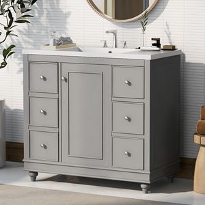 Mobile Bagno Contemporaneo 36x18x34 Pollici con 4 Cassetti, 1 Anta, Contenitore Multiuso e Lavabo Integrato in Resina - Product Image 3