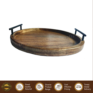 Handmade Round Stylish Burnt Natural Finished Mango Wood Serving Tray with Metal Handles for Restaurant and Hotel <b>Kitchen</b> Use - Product Image 2