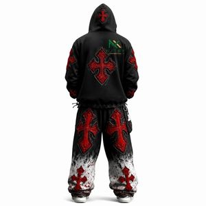 Conjunto de Pantalones Holgados Transpirables con Capucha y Estampado de Cruz Gótica para Hombre, 2 Piezas, Ropa Deportiva de Invierno, Estilo Hip Hop - Product Image 4