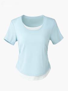 เสื้อกล้ามโยคะแบบมีซับในลายริบบิ้น แขนสั้น ระบายอากาศได้ดี เนื้อผ้านุ่ม สแปนเด็กซ์ พิมพ์ลาย เสื้อฟิตเนสสำหรับผู้หญิง ชุดออกกำลังกาย - Product Image 1