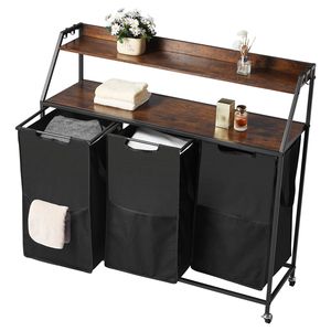 Cesto Portabiancheria a 2 Livelli con Struttura in Metallo e Piano in Legno, Organizzatore con 3 Sezioni e Ruote, in Poliestere - Product Image 1
