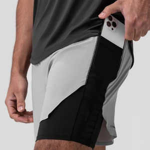 Shorts de sport gris uni pour homme, à empiècements, séchage rapide, taille mi-haute, taille élastique, en tissu Spandex Nylon - Product Image 4