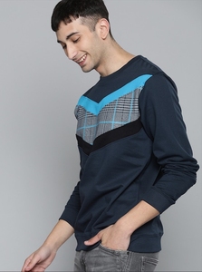 Sudadera de Cuello Redondo Azul Marino para Hombre, Diseño con Bloques de Color, Corte Regular, Tejido de Punto, Informal, para Otoño - Product Image 1