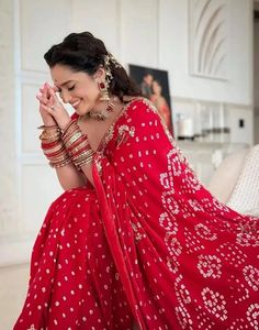 Ankita Lokhande Inspired <b>Red</b> Bandhani <b>Saree</b> – Pure Georgette Silk with Heavy Gota Patti Border & Handcrafted Embroidery - Product Image 3