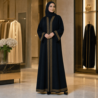 Abaya noire tricotée sur mesure pour femmes, broderie dorée en treillis, devant ouvert, manches longues, tenue modeste musulmane du Moyen-Orient, OEM