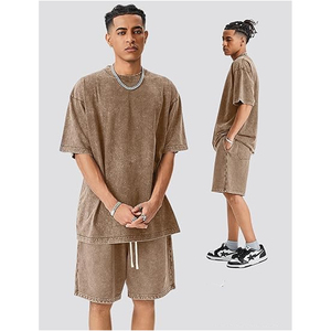 Custom Logo Vintage Acid Washed Sweat-Absorbing Terry Fabric T Shirt Shorts DTG Men Heavyweight Blank Oversized 100% Cotton <b>Set</b> - Product Image 3