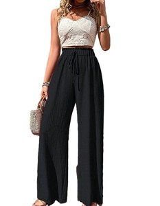 Pantalon large taille haute pour femme, décontracté, coupe ample, vert uni, en coton, séchage rapide, respirant, plissé devant, élastique, pour l'été - Product Image 3