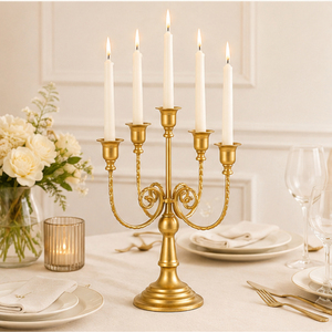 Candélabre vintage en métal doré à 5 bras, porte-bougie pour centre de table de mariage de luxe, élégant support à bougies pour banquets et événements - Product Image 2