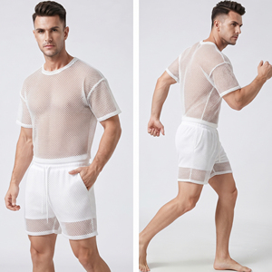 Ensemble T-shirt et short en maille pour homme, blanc, 100 % polyester, léger, été, avec short à cordon de serrage pour homme - Product Image 4