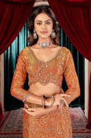 Abhi Fashion Designer Indian Orange Fandy Satin Heavy Bits Embroidered Long Sleeve Floor-Length Bridal Wedding Sari.