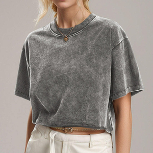 Vintage Streetwear High Quality Drop Shoulder Summer Women's T-shirts Acid-washed Style Knitted Fabric Custom Logo <b>crop</b> <b>top</b> - Product Image 3