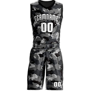 Conjunto de uniforme de baloncesto con estampado de camuflaje, camiseta de baloncesto gris y negra personalizada, ropa deportiva transpirable para equipo, ropa deportiva personalizada. - Product Image 1