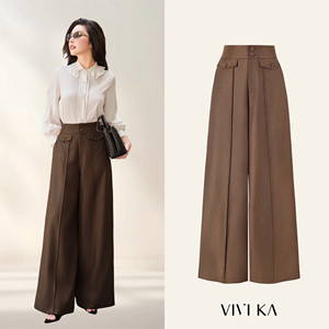 Pantalon de bureau décontracté élégant pour femme, taille haute, coupe droite, avec poches à rabat, en polyester et élasthanne OWEN - Product Image 1