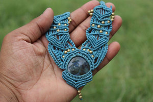 Labradorite Macrame <b>Necklace</b> Blue Flash Oval Gem Turquoise Cord Gold Beads Boho Handmade <b>Statement</b> Jewelry - Product Image 4
