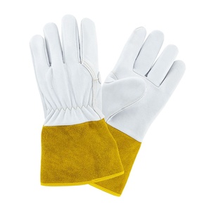 Guantes de Soldadura Tig de Cuero Genuino Blancos con Puño Amarillo, Diseño de Pulgar Recto, Resistentes a Salpicaduras de Metal Fundido, Forrados de Algodón - Product Image 1