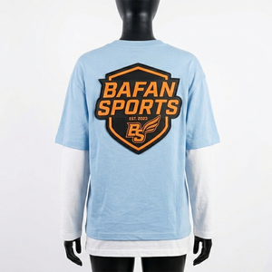 Camiseta de manga larga de doble capa de algodón y poliéster, transpirable, azul claro y blanca, con estampado personalizado. Camisetas de doble capa de algodón. - Product Image 2