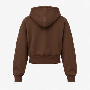Sweat-shirt à capuche court pour femme, marron, manches longues, fermeture éclair, couleur unie, tricoté, 100% coton, style automne - Product Image 2