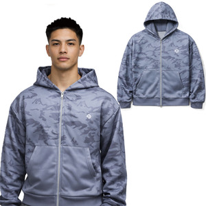 เสื้อฮู้ดดี้ผู้ชายสีเทาลายพรางแบบซิป ผ้าฝ้ายฟลีซหนานุ่ม ทรงโอเวอร์ไซส์ สไตล์สตรีทแวร์ รับผลิตโลโก้ตามสั่ง ผลิตจำนวนมาก MOQ ต่ำ - Product Image 1