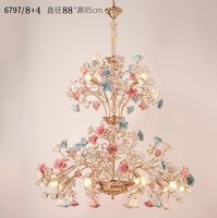 MEEROSEE Français Rose Lustre Moderne Européenne En Céramique Fleur Lustre En Cristal Luxueux Fleur Cristal Lumière MD98053