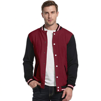 Jaket Varsity Baseball Pria Warna Blok Maroon Hitam Kancing Tekan Kerah Tegak Lengan Panjang Bahan Kanvas Bernapas untuk Musim Dingin