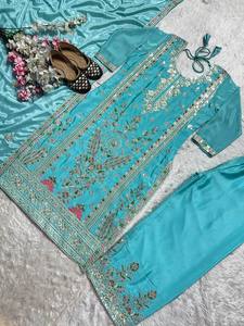 Nuevo diseño de conjunto Kurti Palazzo de seda Chinnon bordado con trabajo de lentejuelas y dupatta de diseñador – Traje festivo y para fiestas - Product Image 6