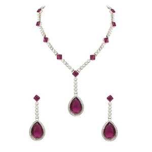 ชุดเครื่องประดับสตรีสร้อยคอและต่างหูทรงหยดน้ำคริสตัลชุบเงิน (IJ393) สีไวน์ - Product Image 5