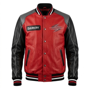 Chaqueta Varsity de Cuero Genuino para Hombre Darkry, Diseño a Rayas Rojas y Negras, Cuello Acanalado, Botones a Presión, Parches de Motociclismo, Abrigo de Invierno - Product Image 1